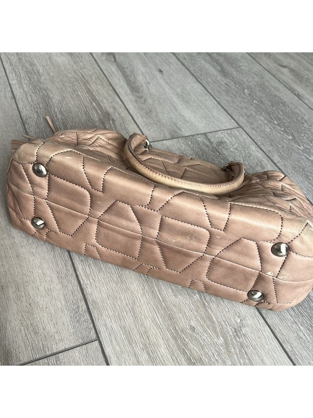 Adolfo Domingo neutral tan leather Quilted tassel barrel shoulder bag - Picture 8 of 14